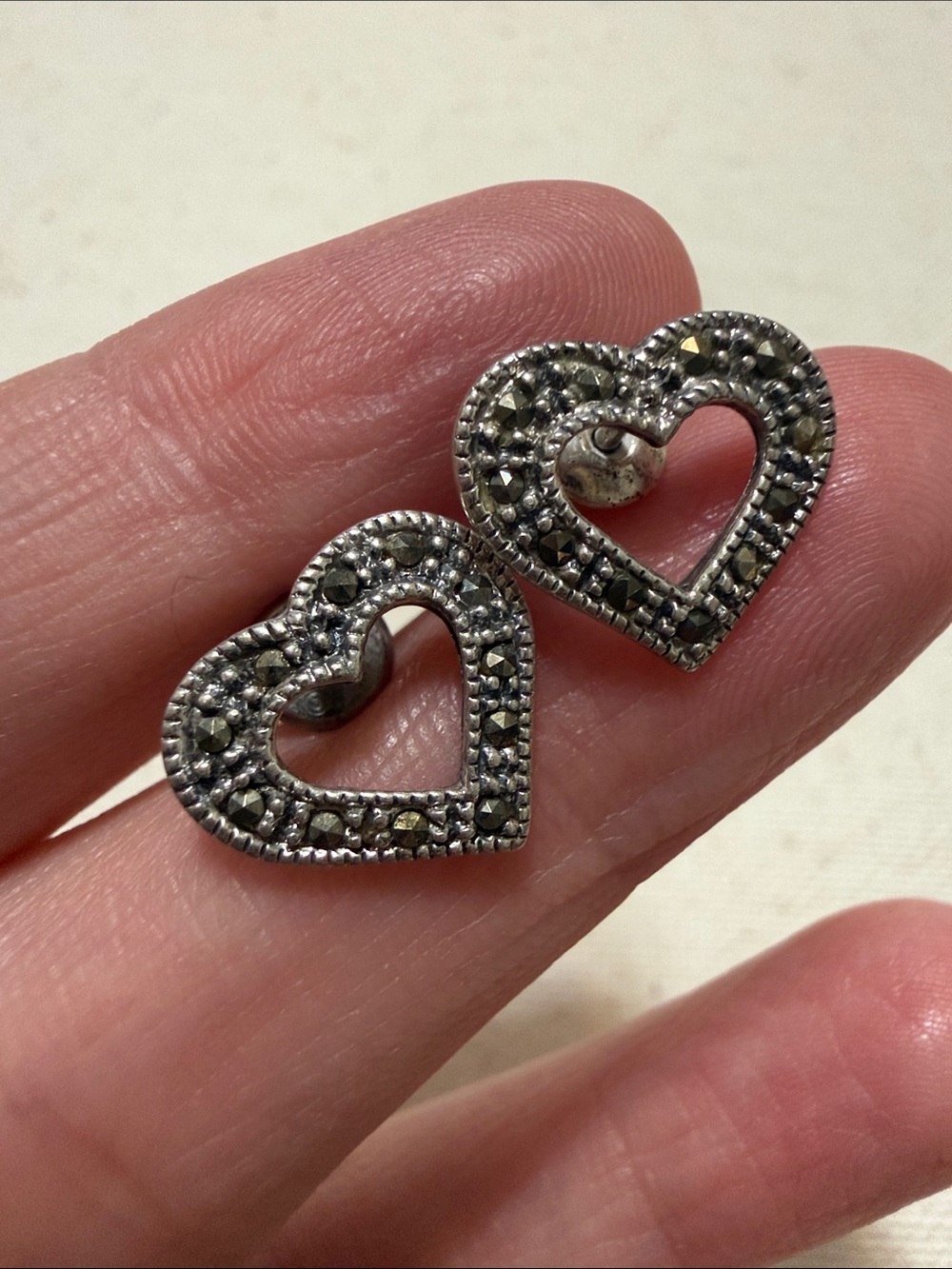 Sterling Silver 925 unmarked Heart-Shaped Marcasite Stud Earrings